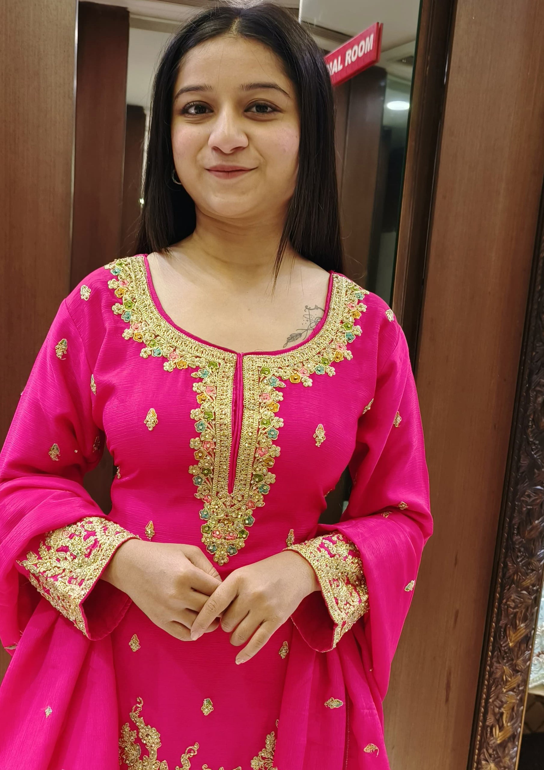 Rani Color Chinon Chiffon Zari Embroidered Palazzo Suit